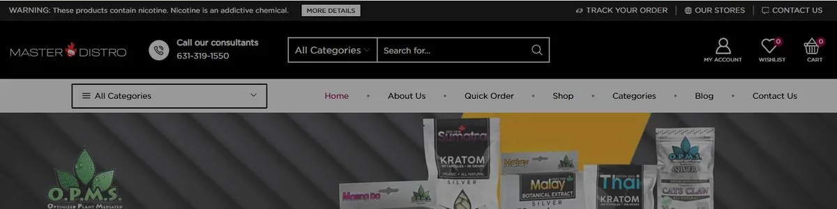 The distributor's previous website: crowded navigation on a dark, heavy theme
